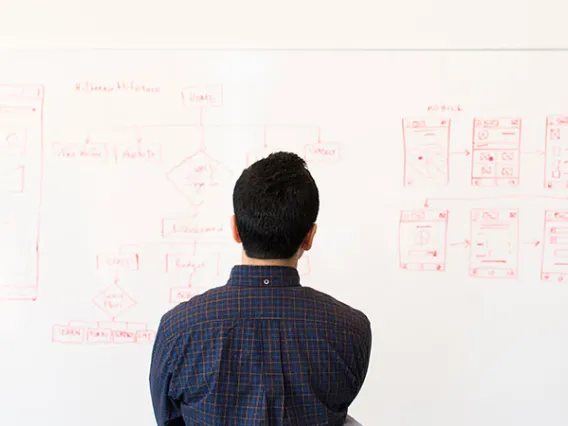 man staring at whiteboard