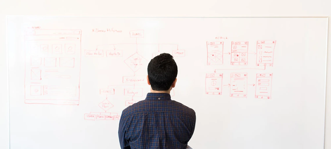 man staring at whiteboard